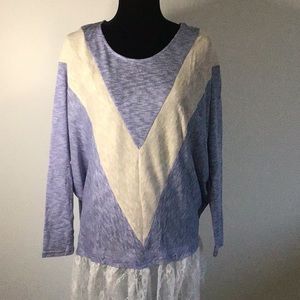 A’reve Heathered Knit Top in Blue & Cream, White Lace Ruffle Hem Dolman Sleeves